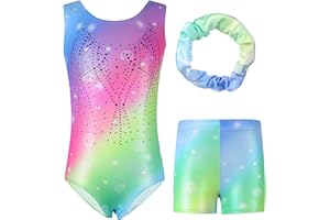 Hovershoes Gymnastics Leotards for Girls Three-Piece Set, Long Sleeve/Sleeveless Leotards with Shorts and Hairband Sparkly Ballet Dance Unitards Gymnastics Outfits Athletic Dancewear for Kids