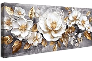 HALFLEMART Marco de Madera Grandes Cuadros Decoracion Salon Modernos Gris Oro Beige Peonias Flores Lienzo Decorativo Lujo Oro Hojas Floral Pintura Cuadros Decorativos Salon Dormitorio Restaurante 50x120cm