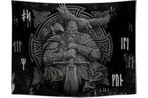 Arsey Arazzo da Parete Vichingo Mitologia Nordica Odin Warrior Ascia Corvo Nodo Croce Tatuaggio Meditazione Rune Arazzo Soggiorno Camera Da Letto, Grigio, 150cm X 130cm