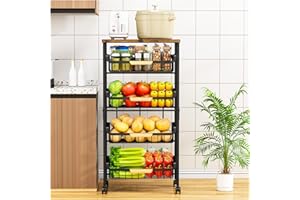 OrderlyGo 5-Tier Kitchen Trolley on Wheels-Vegetable Storage Rack with Wooden Top, Lockable Wheels & Stackable Baskets, Mobile Organizer for Kitchen, Pantry, Office (Black)