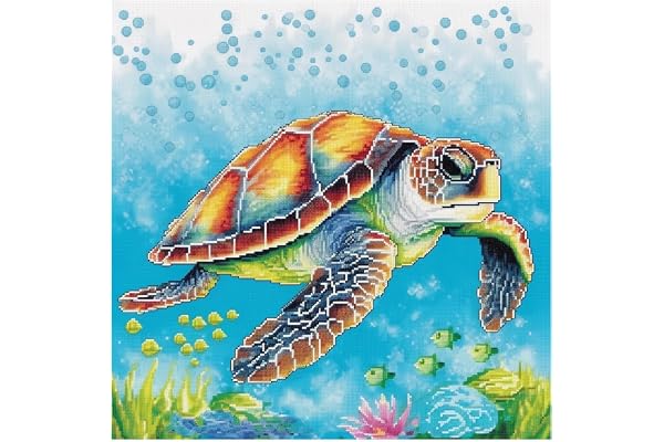 cukol cukol Canevas Broderie Point de Croix Kit Complet Adulte Debutant Compté Pré Imprimé Estampillé Moderne Débutant avec Fils, Animaux Tortue Mer 11ct Cross Stitch Loisirs Créatifs Set 40x40 cm