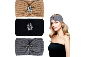 JODSEN 3 sztuki zimowych opasek na głowę z dzianiny kablowej, masywne cekiny, perłowe kwiaty, dzianinowa opaska na głowę, elastyczne, termiczne, skręcone opaski na głowę, zimowy ocieplacz na uszy, szydełkowane nauszniki, do uprawiania sportów na świeżym powietrzu, jazdy na nartach, biegania, styl A