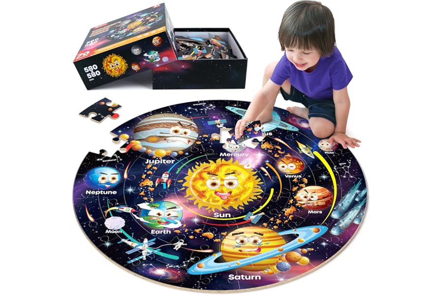 SYNARRY Giant Solar System Floor Jigsaw Puzzle for Kids 3 4 5 6 7 8 Year Olds, 70 Piece Big Round Space Planets Astronaut Jigsaw, Space Toys Gifts for Toddlers Children Boys Girls