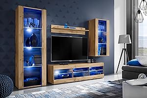 Komodee Wohnwand Wohnzimmerset Tivoli Medio, Wotan/Wotan, Breite 245cm x Höhe 159cm x Tiefe 35cm, LED Blau, für Wohnzimmer, Schlafzimmer