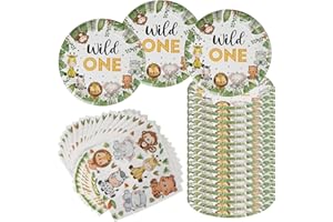 AINIUNIU Wild One Geburtstag Geschirrset, 40 Pcs 1 Jahr Dschungel Tiere Pappteller Servietten, 20 Servietten und 20 Pappteller Dschungel Geburtstag Geschirr Kit, für Junge & Mädchen, Jungle