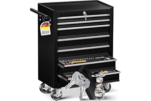 ‎MASKO MASKO® Werkstattwagen - 7 Schubladen, schwarz | Abschließbar | Massives Metall | Mobiler Werkzeug-Wagen ohne Werkzeug | Profi Werkstatt-Wagen unbestückt| Rollwagen zur Werkzeugaufbewahrung mit Schloss