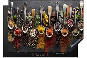 KitchenYeah© Protezione Piano Cottura Tappetino per Induzione 75x52 cm Cucina Proteggi Coprifornello Antiscivolo Spezie - Cucchiai - Calcestruzzo