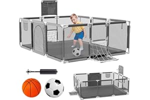 JUPPLIES Parque Infantil Bebe + Pelota de Fútbol y Baloncesto - Corralito Plegable 180 x 120 x 60cm - Parque de Juegos Con Malla Transpirable - Centro de Actividades Gimnasio Parque Gris