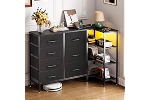 Coleshome Corner Chest of Drawers Bedroom, Storage Dresser with 7 Fabric Drawers - 2 USB and 2 AC Outlets and LED, With 3-Tier Storage Table, Suitable for Bedroom Corners, Black