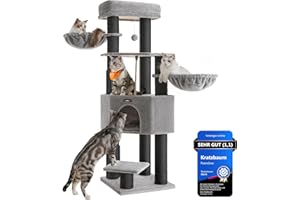 Feandrea Kratzbaum, mit warmen Decken, für große Katze, Katzenbaum, 2 Katzenbürsten, 11,1 cm d Dicke Stämme, große Plattformen, Höhle, 50 x 50 x 160 cm, Taubengrau-schwarz PCT003W01