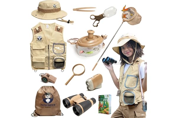Kit Exploration Enfant avec Gilet Safari et Chapeau Jumelles Boussole - Déguisement Aventurier Enfant & Kit Insecte, Cadeau pour Les Garçons et Les Filles âgés de 3 à 7 Ans