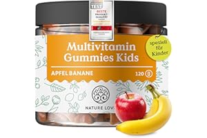‎NATURE LOVE NATURE LOVE® Multivitamin Gummies Kids – 120 Stück – ohne Zuckerzusatz – Mit Vitamin A, B1, B3, B6, B7 (Biotin), B12, E und Jod – Vitamine für Kinder als Gummibärchen – vegan und laborgeprüft