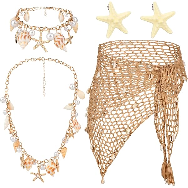 Ensemble De Bijoux Sirène - Collier, Bracelet, Boucles D'oreilles Coquillages Et étoile De Mer, Pour Plage, été, Costume Sirène, Cadeau