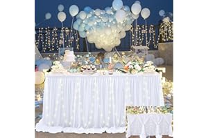 SUPPROMO 6ft White Tulle Table Skirt with Led Lights for Wedding Birthday Party Baby Shower White Ruffle Tutu Table Cloth for Rectangle Tables or Round Tables for Cake Dessert Buffet Banquet Table Decorations