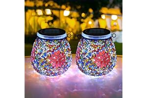 TOTHDATE 2PCS Oval Solar Mosaic Lights Outdoor, On/Off Glass Hanging Solar Mosaic Lanterns Lights IP65 Waterproof for Table Lawn Path Courtyard Deck Fence, Maple Mosaic Light