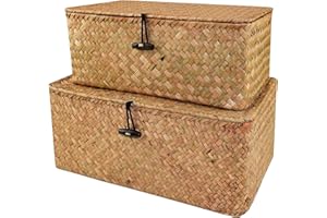 WANKD Aufbewahrungsbox Seagras Aufbewahrungskiste Dekobox Kosmetik Aufbewahrung mit Deckel Aufbewahrungskörbe aus Natürliche Praktische 2 Stück (L+ XXL)