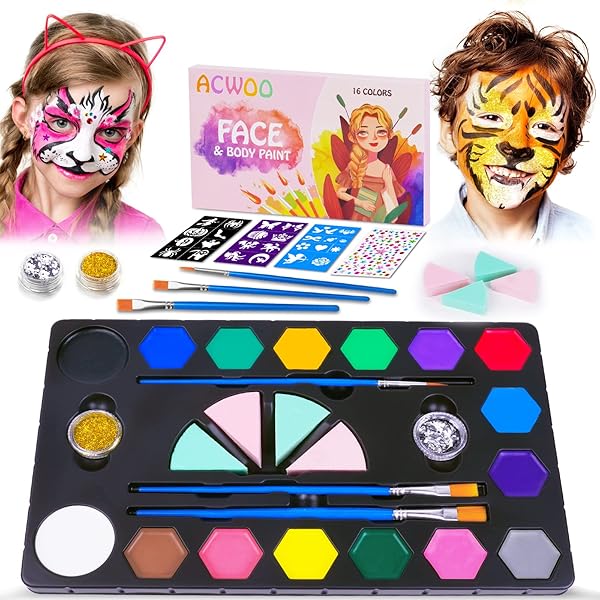 MOEMOE BABY Maquillage Enfant Maquillage Halloween Maquillage Carnaval, Peinture Visage,Peinture Aux Oeuf, Noël 19 Couleurs Lavables Peinture Visage Parfait Non Toxique Pour Peau Sensible