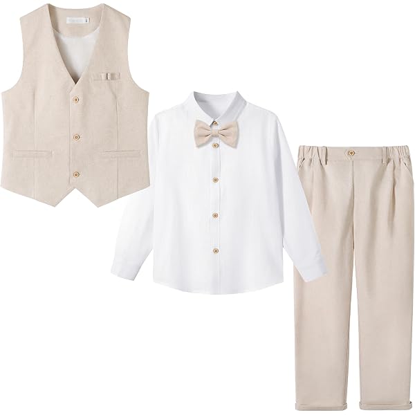 LOLANTA 4 pièces Costume Garcon Mariage Ete, Tenue Enfant Garcon Ceremonie, Vêtement Baptême Anniversaire Garçon Page, Ensemble Costume Short Lin Gile Chemise avec nœud Papillon, Vert, 7-8 ans, 130