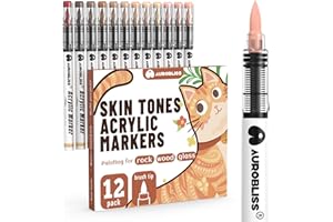AUROBLISS Feutre Acrylique Couleur Peau Brush, 12 Couleurs Feutre Peinture Marqueur Acrylique Brush, Stylo Peinture sur Galet, Verre, Bois, Céramique, Tissu Permanent Feutre Acrylique Pointe Souple