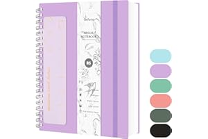 Qefuna Notebook B5 a Righe, Quaderno a Spirale 300 Pagine, Carta Antiinchiostro 100g/M², Copertina Rigida in PVC, con Righello, Tasche Espandibili, Elastici, per Donna, Uomo, 17,7x 25 cm - Viola