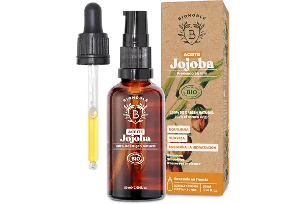 BIONOBLE Aceite de Jojoba 100 Puro y Natural, Orgánico, Prensado en Frío - Equilibra el Sebo, Anti Imperfecciones - Aceite Pelo, Piel, Uñas - Organic Jojoba Oil - Botella Vidrio, Bomba, Pipeta - 50ml