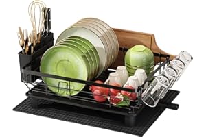 BOOSINY Egoutoire Vaisselle Cuisine, Égouttoir Vaisselle en Acier Inoxydable avec Porte-Gobelets et Porte-Ustensiles, Noir Séchoir à Vaisselle Rangement Vaisselle avec Vidange Automatique