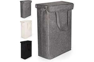 Rieeyrslza Cesta de Lavandería Estrecha con Manija Larga 46L Cesto para la Colada Delgada Cesta de Ropa Sucia Plegable Cesta de Almacenamiento Impermeable, Tapa Extraíble, para Salas de Estar(Gris)
