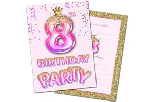 Olivia Samuel 20 Pack of 8th Birthday Invitations with Envelopes – Pink and Gold Glitter Effect – Ready to Write – Designed and Printed in the UK