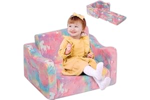 Kidirect Ausklappbar 2 in 1, Kinder Sofa Kinderzimmer aus Samt mit Schaumstoff, Kindercouch Kindersofa mit 8cm dicken Armlehnen, Sofa Kinder für Kuschelecke Kinderzimmer, Regenbogen Pony