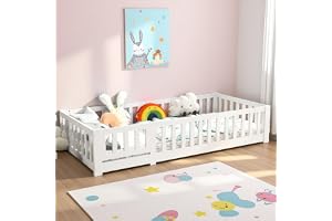JYNVO 90 x 200 cm golvsäng, barnsäng med ribbotten, sängram av furu, Montessori-säng, med fallskyddsfunktion, lämplig för poj