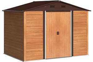 Outsunny Casetta da Giardino 4.84m² in Acciaio Zincato con Fori di Drenaggio Prese d'Aria, Capanno Porta Attrezzi con Tetto Inclinato, Doppie Porte Scorrevoli Bloccabili, Design Effetto Legno, Marrone