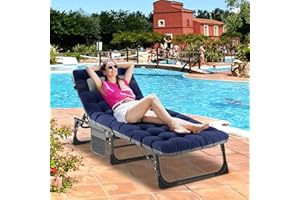 Obqer Folding Guest Bed, 200KG Heavy Duty Camping Cot with Mattress, Headrest and Side Pockets, 5 Adjustable Backrest, Fold Up Camp Bed for Adults, Prefer for Home Office Garden Pool Sunbathing (Blue)