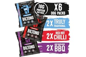 BEEFit Biltong Beef Jerky Flavour Fest - One Bag of Each Flavour - Traditional, Red Hot Chilli & BBQ - Healthy High Protein Snacks, Gluten Free, Perfect for On-the-Go (6x30g)