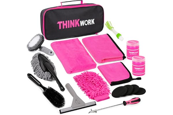 THINKWORK Kit de nettoyage pour voiture, ensemble de 17 pièces pour l'entretien de la voiture, kit de lavage pour voiture pour le nettoyage intérieur et extérieur, fentes de ventilation, tableau de