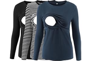 Love2Mi 3er Pack Damen Stillshirt Gerippte Langarm stilltops Doppellagige Umstandsmode Tshirt Umstandskleidung