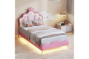 BPKADHY Letto per bambini imbottito 90 x 200 cm, letto singolo con LED, testiera regolabile in altezza, schienale con cassettone, in similpelle, colore rosa (senza materasso)