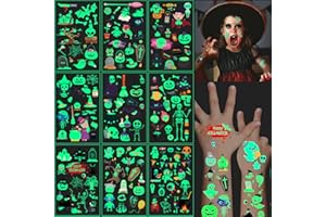 IRABEY Halloween Leuchtende Tattoo Aufkleber, 30 Blatt Wasserdichte Temporäre Tattoos, Halloween Tattoos Aufkleber, für Jungen Mädchen Party Mitgebsel, Kürbisse, Geister, Spinnweben