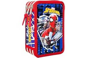 Clondo Astuccio 3 Scomparti 3D Bambini, Per Spiderman Fan, Triplo Riempito, 44 Accessori Scuola Elementare Bambino, 3 Zip, 20 Centimetri