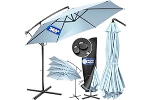 KESSER® Alu Ampelschirm Sonnenschirm + Abdeckung Ø300 cm & Kurbelvorrichtung Kurbelschirm mit Ständer UV-Schutz Aluminium Wasserabweisende Bespannung 360° Funktion Garten-Schirm Marktschirm Hellblau