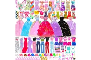 Festfun 89 Pcs Doll Clothes Outfits and Accessories for 11.5 Inch Girl Dolls, Party Gown Dress Fashion Sequin Dress Slip Dress Swimsuits Wings Tops & Pants/Shorts Shoes Accessories In Random for Kids