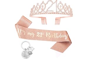 Popuppe 3pcs 21st Birthday Sash and Crown Tiara Keychain for Girls Rose Gold 21st Birthday Set Keyring Glitter Sash and Rhinestone Crown