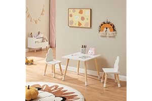 [en.casa] Set di 3 Mobili per Bambini Tavolino e 2 Sedie con Schienale a Forma di Nuvola per Cameretta Area Gioco Tavolo Rettangolare a Misura di Bimbi - Bianco/Naturale