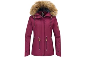 Wantdo Femme Veste de Ski Imperméable avec Capuche Fausse Fourrure Manteau d'hiver Chaud Veste de Snowboard Outdoor Veste Randonnée Travail Coupe-Vent