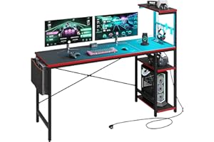 Bestier Scrivania da gioco con presa, scrivania per computer con ripiani, illuminazione a LED, tavolo da gioco per PC con ganci per cuffie per ufficio, piccola stanza, nero, 155x 50 cm