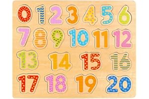SOKA PLAY IMAGINE LEARN SOKA Wooden Jigsaw Number Puzzle Peg Board Toy Early Educational Preschool Learning Shape Sorter Games 1-20 Bright Colored Wood Pieces for Kids Children Girls Boys Age 3+