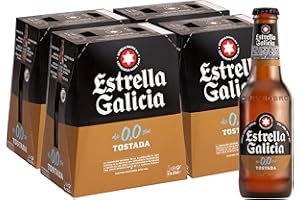 Estrella Galicia 0,0 Tostada - Cerveza Lager sin Alcohol, Pack de 24 Botellas x 25 cl, Sabor y Aroma Tostado y Equilibrado, 0