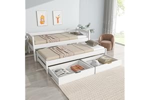 Huayz Divano letto 90 x 200 cm, letto con 2 cassetti, letto funzionale con rete a doghe, letto singolo e matrimoniale, struttura in legno massiccio, per ragazze e ragazzi, bianco