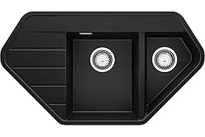 Evier d'angle en Granit Noir, 90 x 50 cm, Lavabo Cuisine 1,5 bac + Siphon Classique, Évier à Encastrer de Primagran