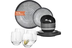 MORITZ Vaisselle de camping en mélamine pour 4 personnes Gris pierre + 4 verres à eau Tiamo