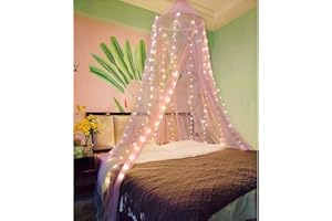 Eimilaly Ciel de lit Bicolore moustiquaire Rose Violet avec lumières Chaudes, Ciel de lit pour Fille décoration de Chambre, Porte Unique